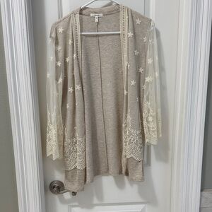 Maurices Beige Open Cardigan with Cream Lace Sleeves